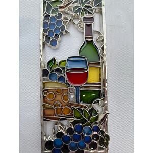 Wine faux stained Glass in silver sun catcher blue berries wine glass & bottle